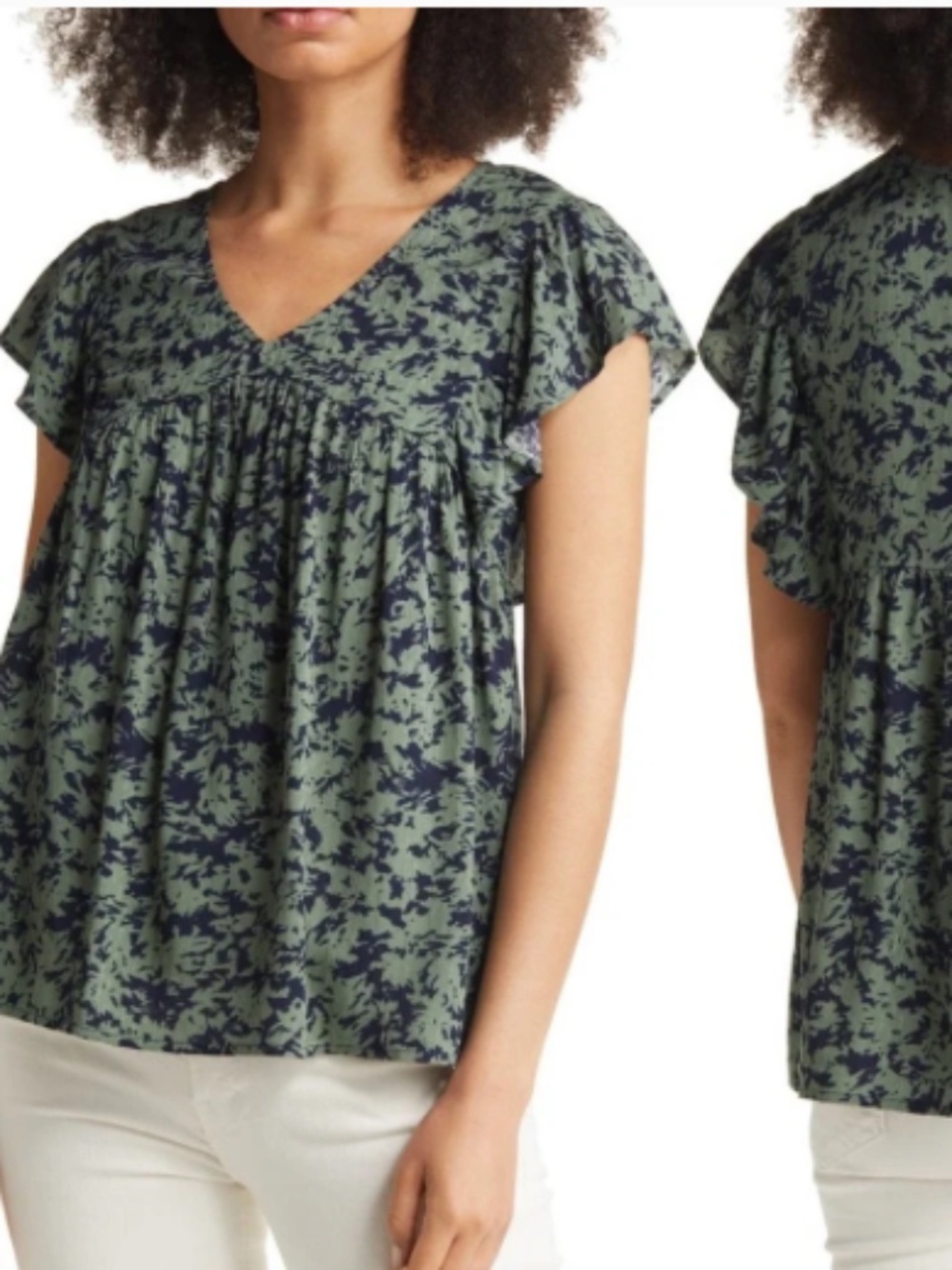 CASLON Green Navy Abstract Print Flutter Sleeve Babydoll Boho Top V-Neck 2X - Picture 8 of 8